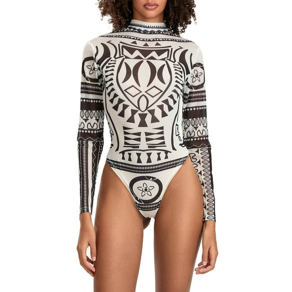 LMLYSoH Women Bodysuit, Long Sleeve Printed Mock Neck Triangle Bottom Romper, Wild Fashion Bodycon Jumpsuit