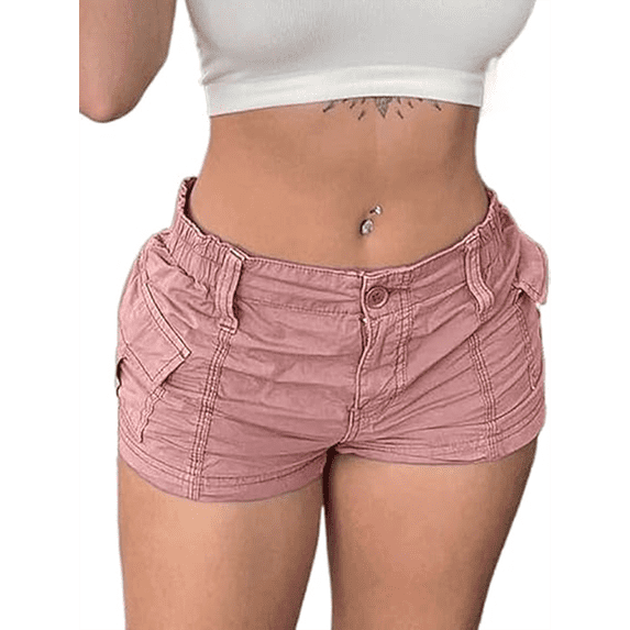 LMLYSoH Women Cargo Shorts Solid Color Vintage Elastic Casual Summer Low Waist Shorts with Pockets for Nightclub Streetwear