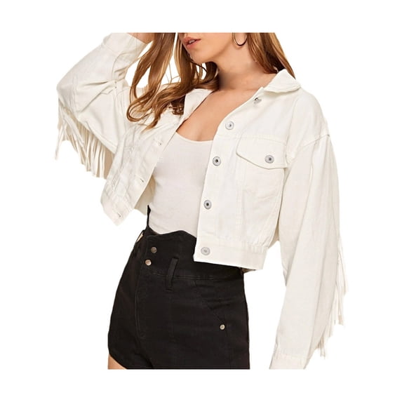 LMLYSoH Women Casual Crop Denim Jacket Lightweight Tasseled Long Sleeves Button Jean Cardigan for Outwear Streetwear