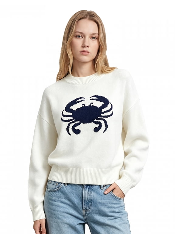 Women Casual Cropped Sweaters Crab Pattern Long Sleeve Crew Neck Knit Tops