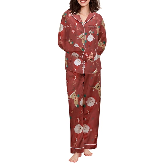LMLYSoH Women Christmas Pajama Set, Santa Claus Elk Print Long Sleeve Shirt with Pants Sleepwear Loungewear