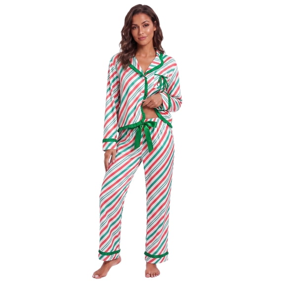 LMLYSoH Women Christmas Pajamas Set, Striped Long Sleeve Tops and Tie Waist Pants
