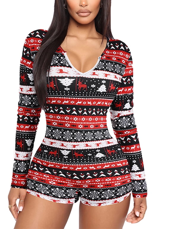 Women Christmas Printed Romper, Adults Slim-fit Long Sleeve V-neck Playsuit (Red, Blue)