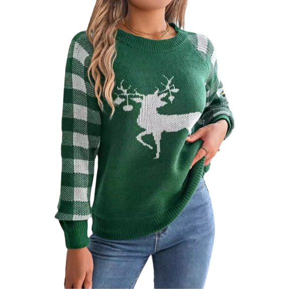 LMLYSoH Women Christmas Sweater Reindeer Plaid Crew Neck Long Sleeve Pullover Knit Tops Casual Winter Fall Clothes