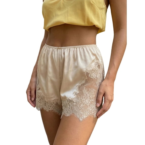LMLYSoH Women Comfy Silk Pajama Shorts Eyelash Lace Trim Elastic Lounge Pants Stretch Sleep Pj Bottoms for Sleepwear
