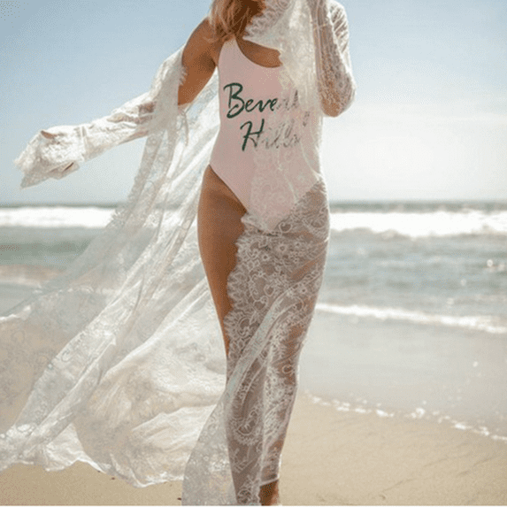 LMLYSoH Women Cover Up, Lace Ankle Length Cardigan Bikini Cover Up, Solid Color Long Sleeve See Through Kimono Dress with Waist Belt