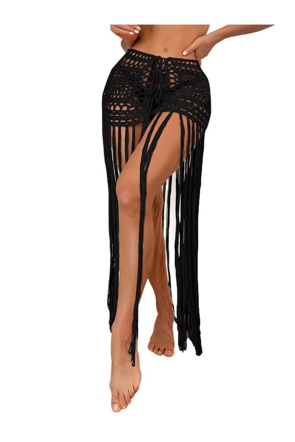 Women Crochet Hollow-Out Sarongs Solid Color See-Through Tassel Knit Beach Skirts Summer Bikini Bottoms Cover Up