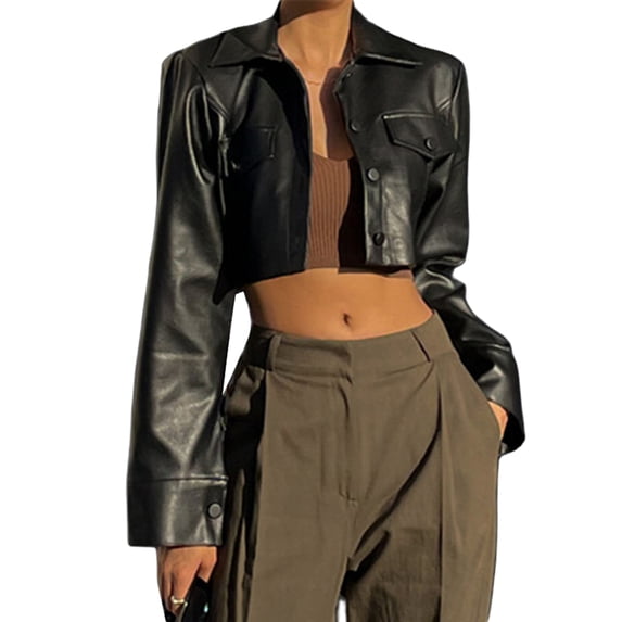 LMLYSoH Women Crop Leather Jacket Solid Color Casual Long Sleeve Button Down Jacket Fall Outwear