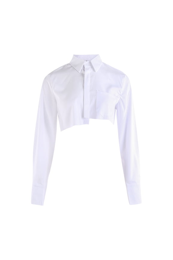 Women Crop Shirt,Turn Down Collar Exposed Navel Solid Color Irregular Design Spring Clothing