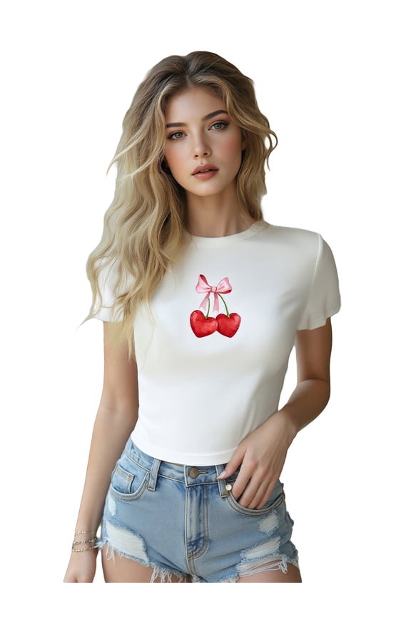 Women Crop T-Shirts Casual Summer Cherry Print Basic Short Sleeve Tops for Streetwear Aesthetic Grunge Clothes