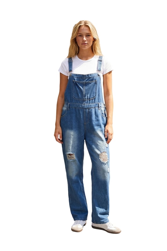 Women Denim Suspender Pants, Plain Buttons Shoulder Straps Ripped Overall Jeans, Ladies Backless Pencil Long Pants Jumpsuit