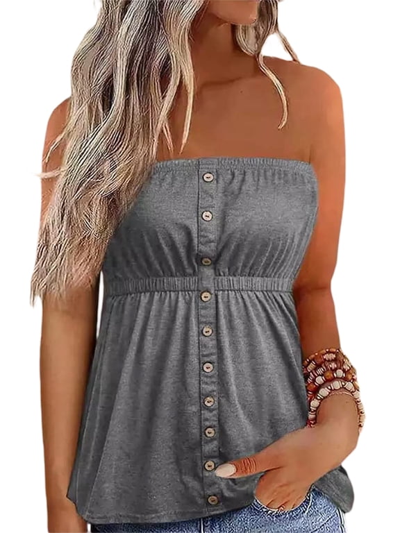 Women Fashion Tube Tops Solid Color Buttons Strapless Boat-Neck Wrap Chest Tank Tops Summer Bandeau Tops