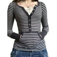 thumbnail image 1 of LMLYSoH Women Fashion Wild T-Shirts Stripe Round Neck Long Sleeve Shirts Spring Autumn Slim Fit Button-Up Tops Streetwear, 1 of 6
