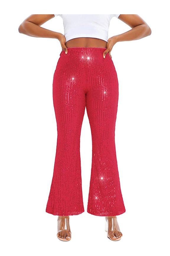 Women Flare Pants, Shiny Sequined Stretchy Slim Fit Ladies Long Trousers for Club Bar
