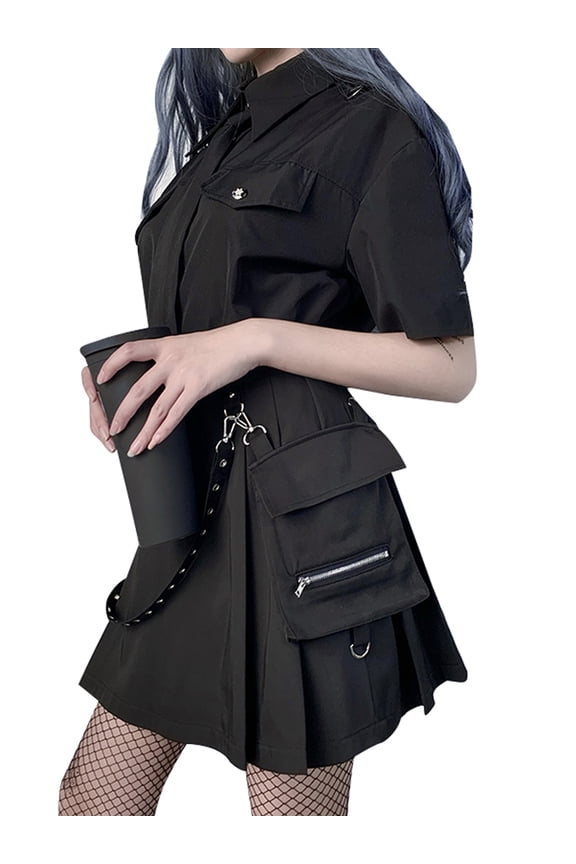 Women Gothic Punk Mini Skirts, Cool Girls High Waist Black Half Dress with Belt Pocket Decoration