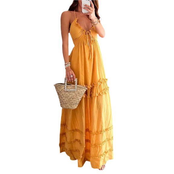 LMLYSoH Women Halter Long Dress Elegant Ruffles Drawstring Flowy Party Dress Summer Low Cut Tie Back Sleeveless Dress
