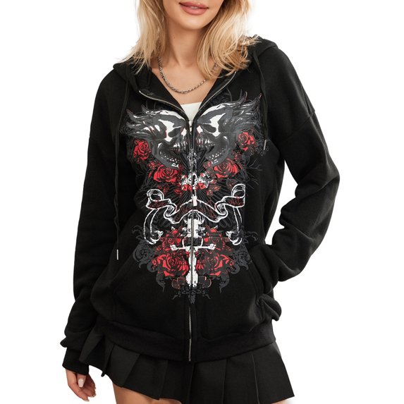 LMLYSoH Women Hooded Sweatshirt, Adults Casual Skull Print Long Sleeve Cardigan with Pockets
