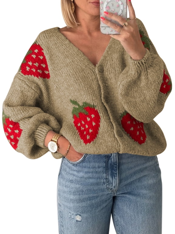 Women Knit Cardigan Long Sleeve Strawberry Button Closure Fall Casual Jacket Sweater