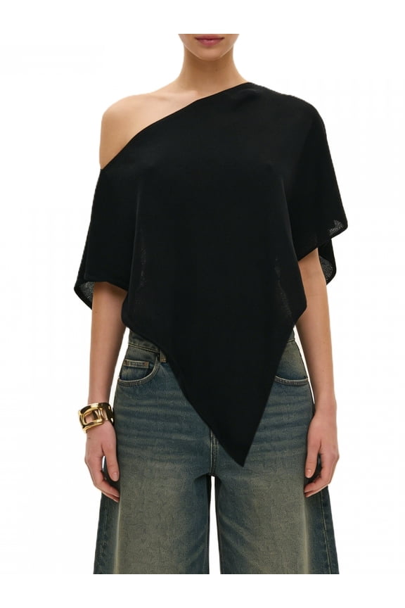 Women Knit Poncho Loose Solid Off One Shoulder Irregular Hem Coverup Tops Casual Asymmetrical Shrug Sweaters