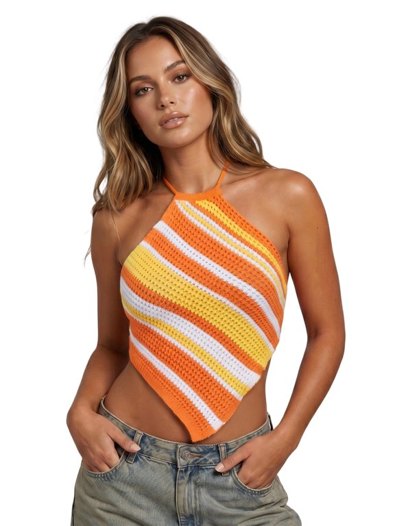 Women Knit Vest, Sleeveless Halterneck Backless Contrast Color Clubwear
