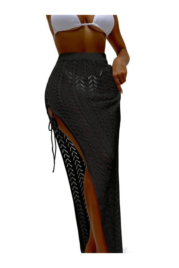Women Knitted Cover-Up Sarong Solid Color Hollow-Out Side Tie-Up High Slit Mini Beach Long Skirts Summer Swimsuit Cover Up
