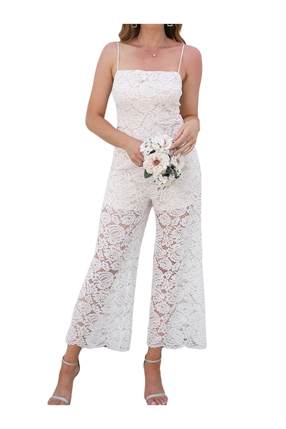 Women Lace Cami Jumpsuits Spaghetti Straps Backless Sleeveless Long Rompers Wide-Leg Summer Playsuits