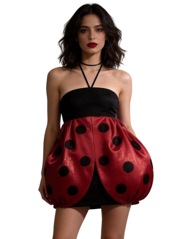 Women Ladybug Costume Sleeveless Halterneck Backless Dots Summer Mini Dress