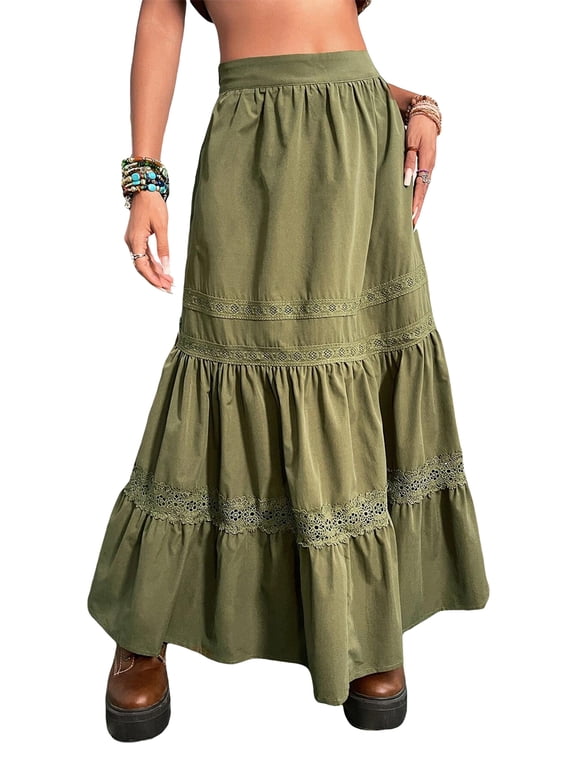 Women Long Skirt, Vintage Lace Patchwork Loose Summer Ladies Skirt for Casual Daily