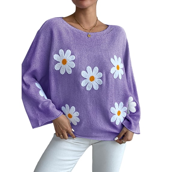 LMLYSoH Women Loose Knit Sweater Sweet Flower Embroidered Long Sleeve Boat Neck Pullovers Spring Fall Casual Jumpers Tops