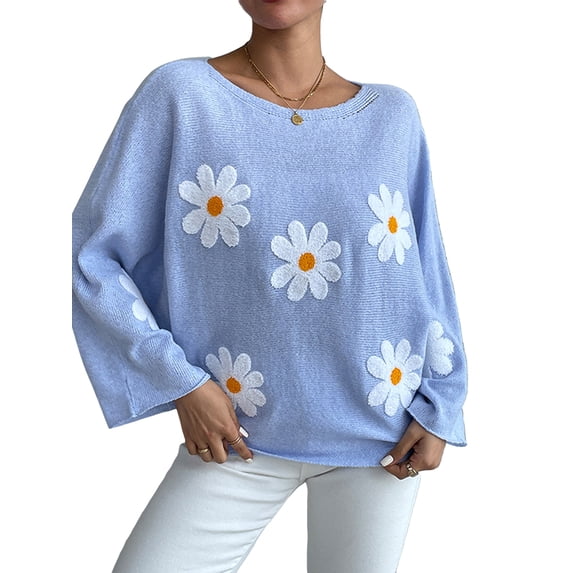 LMLYSoH Women Loose Knit Sweater Sweet Flower Embroidered Long Sleeve Boat Neck Pullovers Spring Fall Casual Jumpers Tops