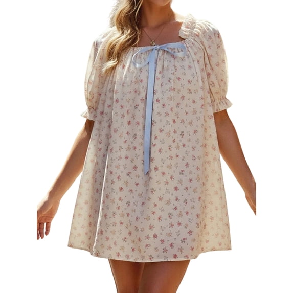 LMLYSoH Women Mini Dress Short Sleeve Tie-up Floral Dress Summer Dress for Casual Daily Dating