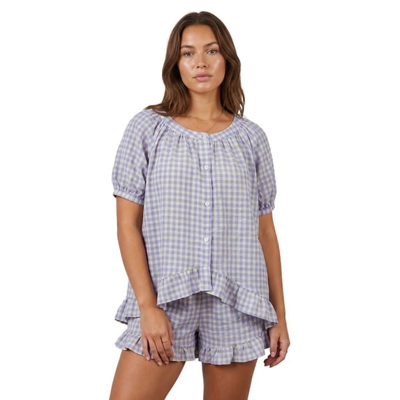 LMLYSoH Women Plaid Set, Short Sleeve Ruffled Shirt with Elastic Waist Shorts Summer Outfit