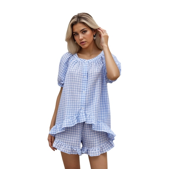 LMLYSoH Women Plaid Set, Short Sleeve Ruffled Shirt with Elastic Waist Shorts Summer Outfit