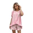 thumbnail image 1 of LMLYSoH Women Plaid Set, Short Sleeve Ruffled Shirt with Elastic Waist Shorts Summer Outfit, 1 of 6