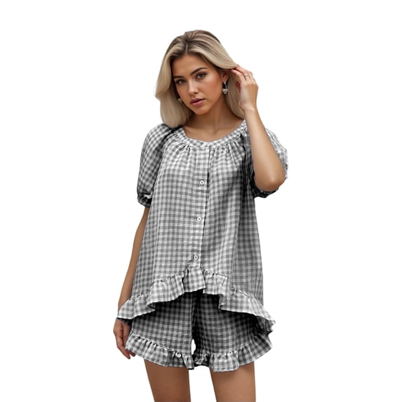 LMLYSoH Women Plaid Set, Short Sleeve Ruffled Shirt with Elastic Waist Shorts Summer Outfit