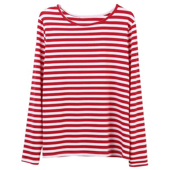 LMLYSoH Women Red White Striped Casual Tops Long Sleeve Round Neck Loose Shirt Fashion T-Shirt