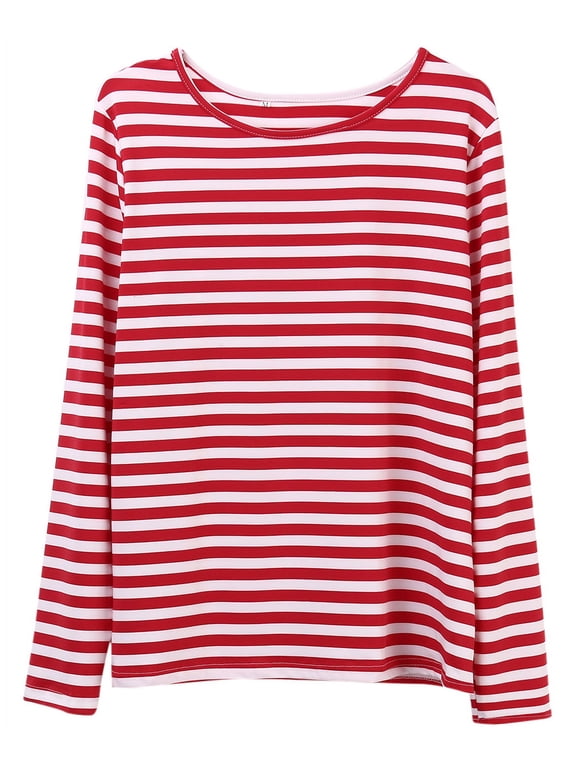 Women Red White Striped Casual Tops Long Sleeve Round Neck Loose Shirt Fashion T-Shirt