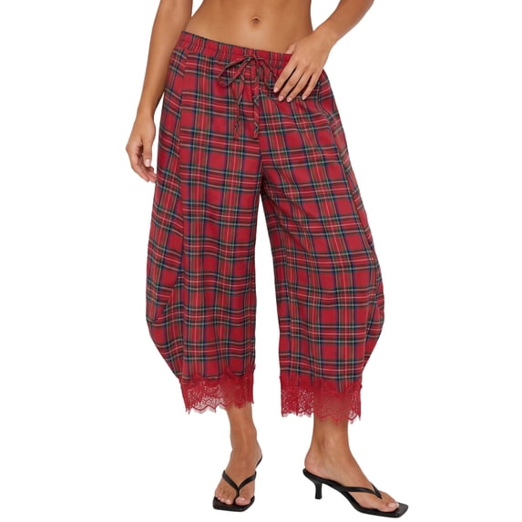 LMLYSoH Women Retro Plaid Pants with Lace Trim Drawstring Lantern Leg Cropped Pants