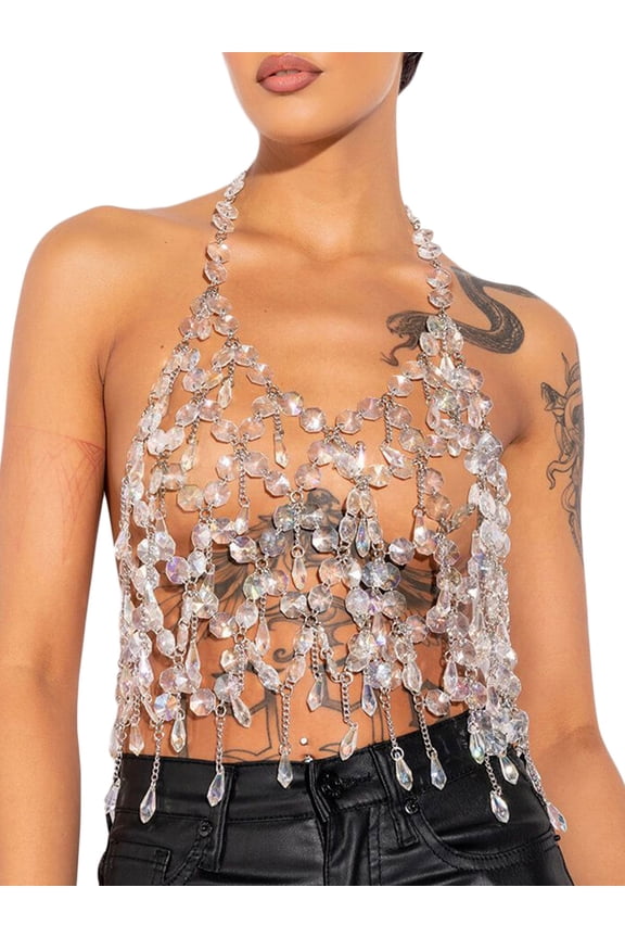 Women Rhinestone Vest, Sleeveless Halterneck Backless Body Jewelry Summer Tops for Club Party