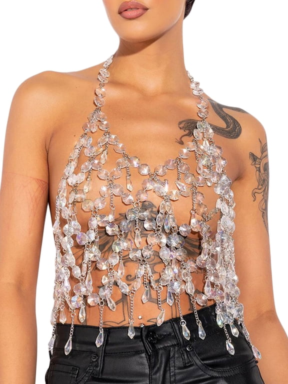 Women Rhinestone Vest, Sleeveless Halterneck Backless Body Jewelry Summer Tops for Club Party