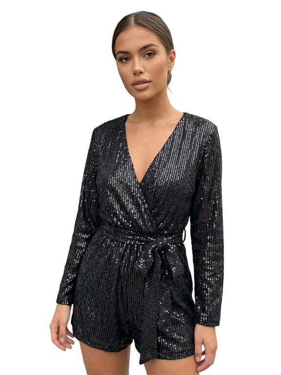 Women Sequin Shorts Jumpsuit Trendy Sparkly V Neck Long Sleeve Romper with Belt for Party Club