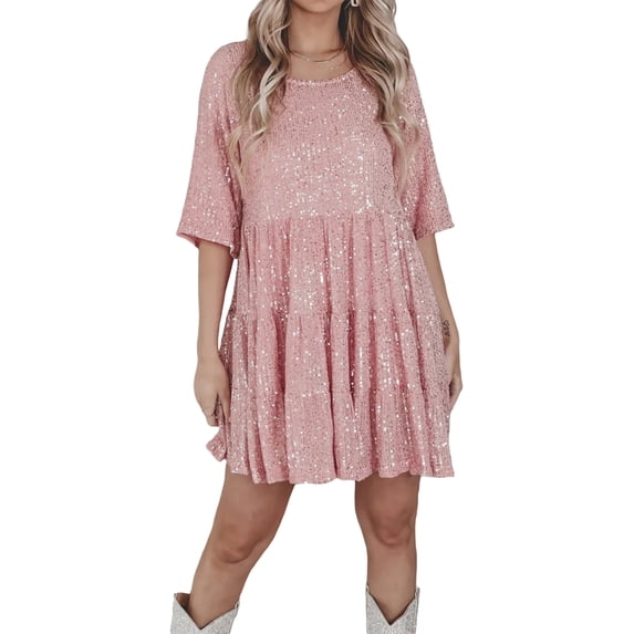 LMLYSoH Women Sequined Dresses, Round Neck Short Sleeves Solid Color Casual Party Spring Summer Dress