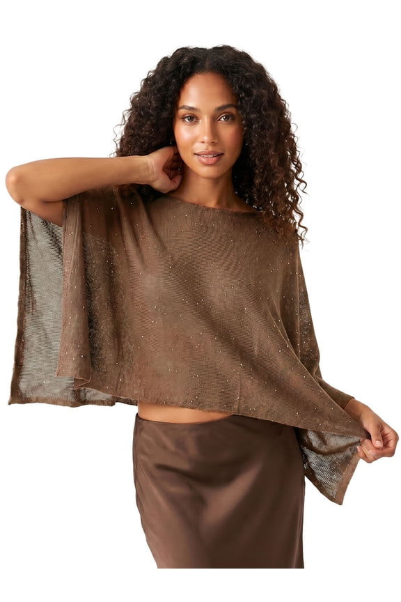 Women Sequinned Knit Poncho Loose Solid Boat Neck Irregular Coverup Tops Casual Shrug Sweaters