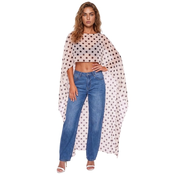 LMLYSoH Women Sheer Poncho Tops Shrug Dot Print High Neck High Low Hem Summer Pullover Chiffon Shirts Bolero Long Cover Ups