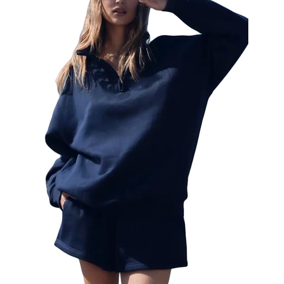 LMLYSoH Women Shorts Set, Long Sleeve Stand Collar Zipped Sweatshirt with Shorts Activewear Fall Outfit