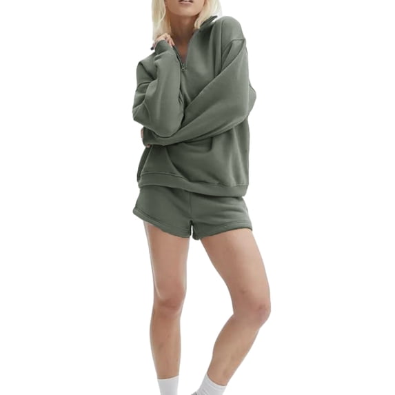 LMLYSoH Women Shorts Set, Long Sleeve Stand Collar Zipped Sweatshirt with Shorts Activewear Fall Outfit