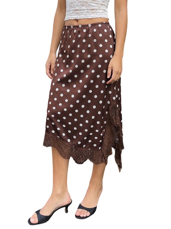 Women Skirt Elastic Waist Lace Patchwork Irregular Hem Side Slit Casual Going Out Skirts