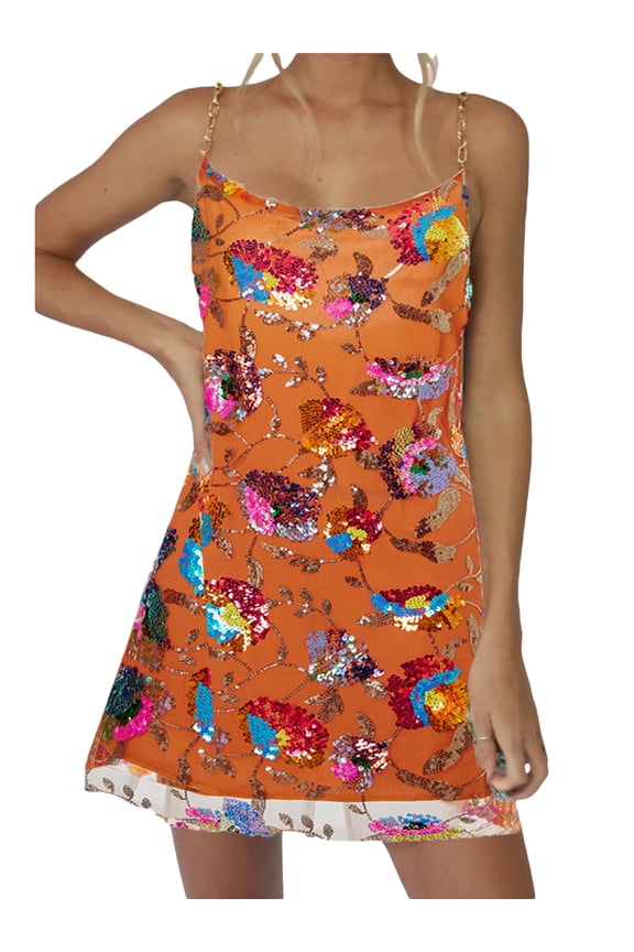 Women Sling Dress, Sleeveless Backless Sequined Flower Club Party One-Piece Dress