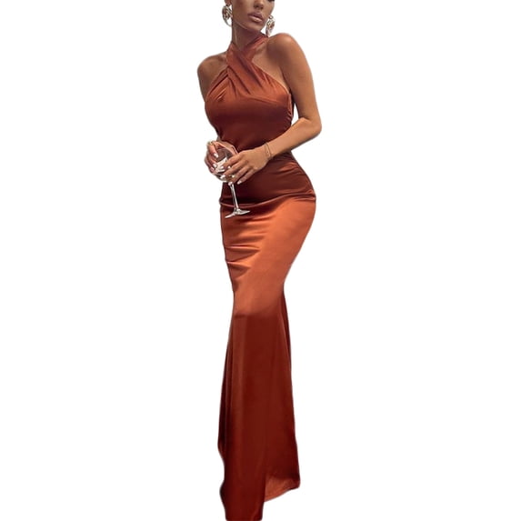 LMLYSoH Women Solid Color Long Dress, Cross Halter Backless Ball Gown Cocktail Party Evening Dresses
