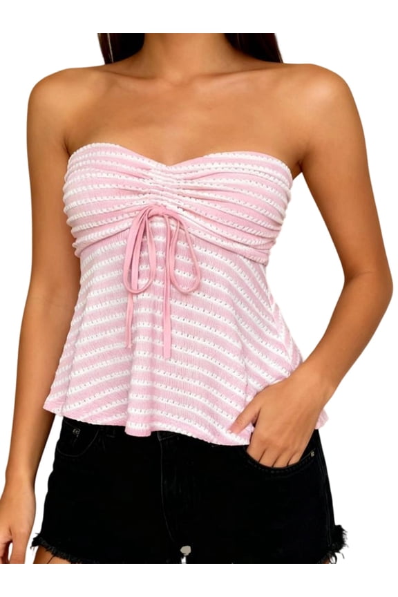 Women Striped Strapless Babydoll Tops Slim Off Shoulder Sleeveless Ruffled Hem Open Back Tie-up Shirts Trendy Summer Streetwear